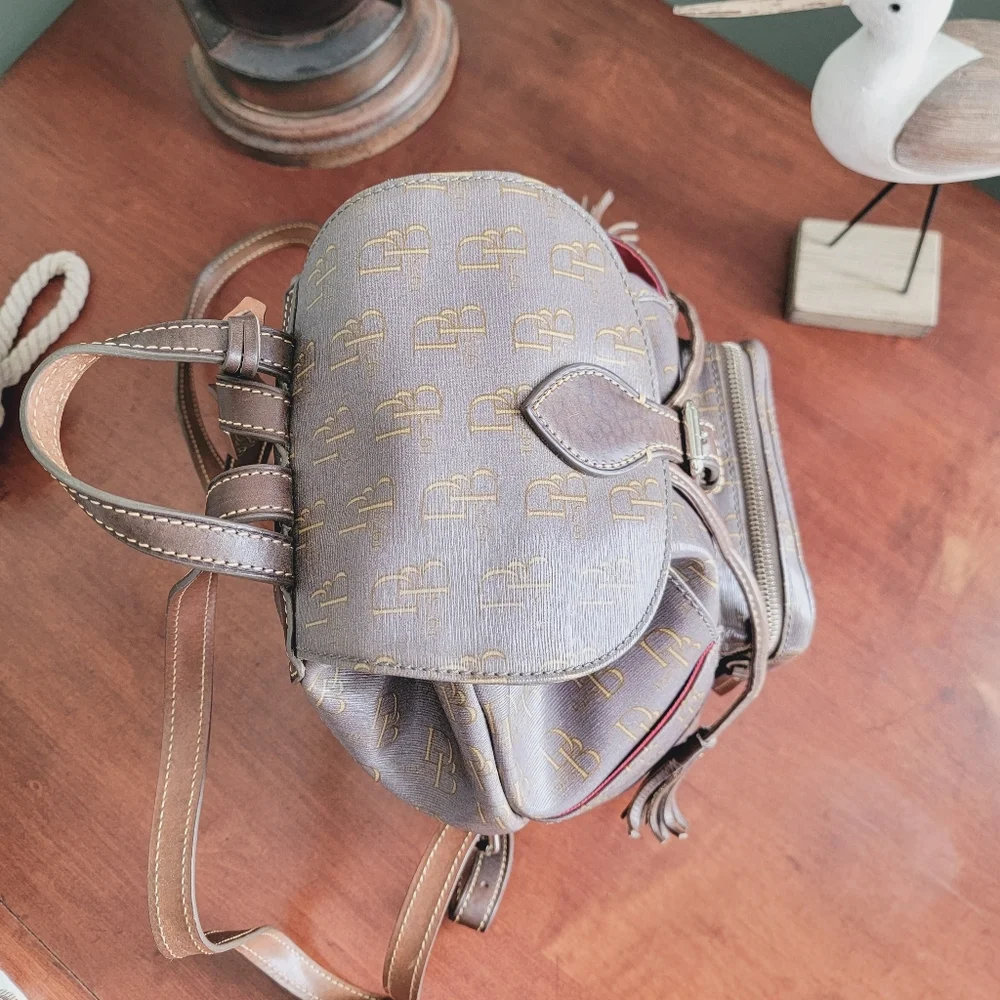 Dooney & Bourke DB Monogram Backpack Pewter Gray Coated Canvas Leather Bag